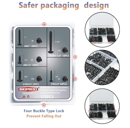 #4# 8#10 Phillips Truss Head Black Wood Screws Assortment Kit 175PCS, Black Zinc Plated Steel, Modified Truss Head, Self Tapping Screws for Wood, Drywall, Plastic (1/2", 3/4", 1", 1-1/2") - size: #4 #8 #10 Kit