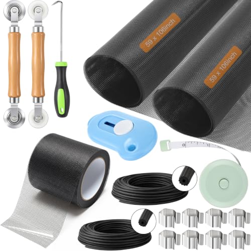 18 Pcs 59"x106" Window Screen Repair Kit Included 2 Rolls Fiberglass Mesh 4"x30ft Screen Repair Tape 8 Clips with Spline, Double Wheel Roller, Hook, Measuring Tape, and Cutter for Door Window - size: 59"x106"