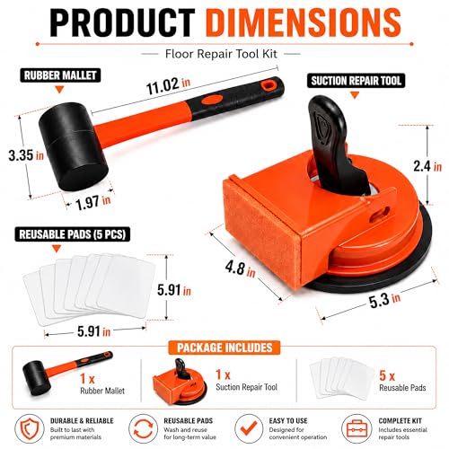Floor Gap Fixer Tool, Suction Cup Floor Repair Kit with Rubber Mallet | Suction Cup Design, Rubber Mallet Included, Floor Gap Adjustment, For Laminate, Vinyl & Hardwood Floors