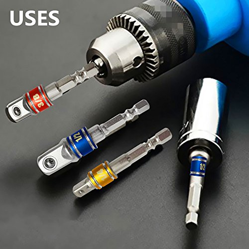CIGOTU Impact Grade Socket Adapter/Extension Set Turns Power Drill Into High Speed Nut Driver,1/4-Inch Hex Shank to Drive for Adapters to Use with Drill Chucks, Sizes 1/4" 3/8" 1/2", Cr-V, 3-Piece - color: 3p*color