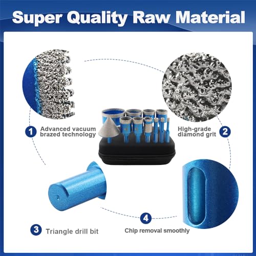 Tile Hole Saw Kit Diamond- BRSCHNITT 11pcs Diamond Core Drill Bit for Porcelain Tile Ceramic Marble Granite Drilling Triangle Shank - size: 6/8/10/25/28/32/35/45/65D+20F+50C