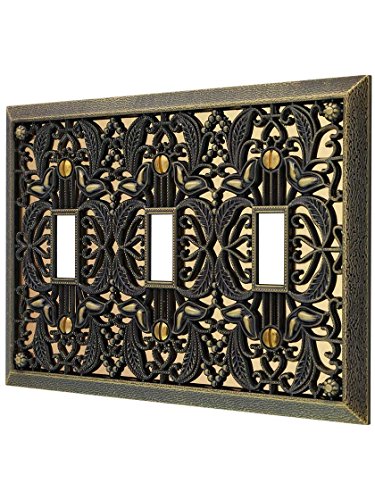 Amerelle Filigree Triple Toggle Cast Metal Wallplate in Antique Brass - size: 3 Toggle