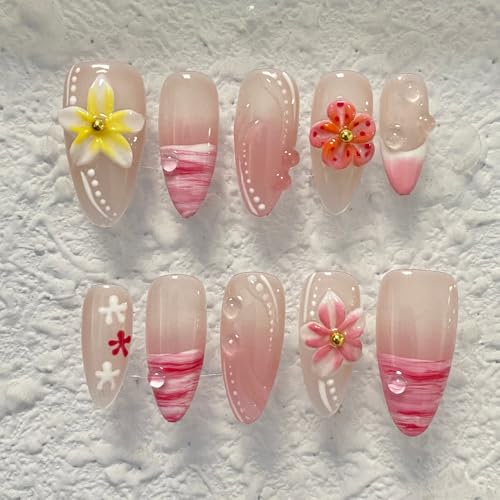 Medium Press On Nails - Handmade 3D False Nails Medium Long Coffin 10 Pcs Reusable ABS Material Finger Painting Nail Tip French Salon Design -M size - color: Bear, size: M