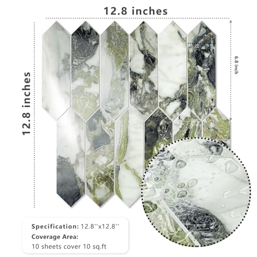 Vamos Tile Glossy Ice Green Backsplash Tile Peel and Stick, 12.8 x 12.8 Inch 10 Sheets Long Hexagon PVC Self Adhesive Mosaic Wall Tiles Stick on Backsplash for Kitchen Bathroom and Fireplace - color: Glossy Ice Green