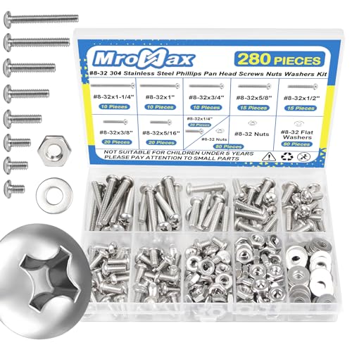 280Pcs #8-32 x 1/4" to 1-1/4" Pan Head Machine Screws Kit with Nuts Washers - size: #8-32