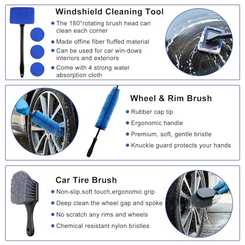 32-Piece Car Detailing Kit with Drill Brush Attachments & Polishing Pads – Professional Auto Detailing Brushes, Wheel & Tire Cleaning Tools with Storage Bag (Blue)