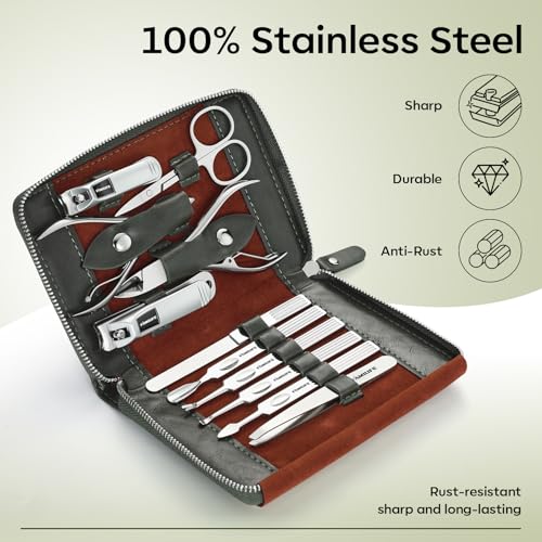 FAMILIFE Stainless Steel Manicure Set 11-in-1 Professional Nail Clipper Kit - color: Dark Green