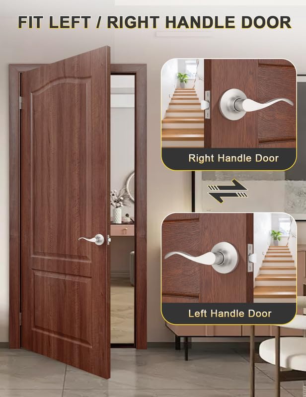 Mengico 10 Pack Satin Nickel Modern Interior Passage Door Knobs, Keyless Door Handle for Hallway & Closet, Wave Style Non-Locking Door Lever Reversible for Left & Right Handed - size: Passage Function - Keyless