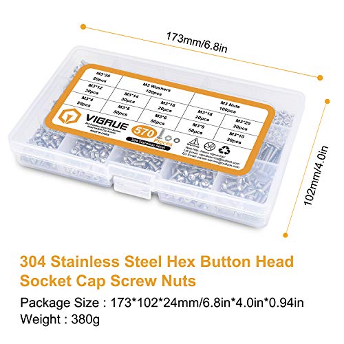 VIGRUE 570PCS Stainless Steel M3 Button Head Hex Socket Cap Screw Bolts, M3 x 4/5/6/8/10/12/14/16/18/20/25mm Screw and Nuts Flat Washer Assortment Kit, Fully Machine Thread - size: M3 Button silver