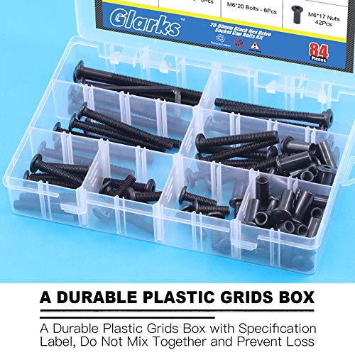 Glarks 85Pcs M6x20/ 30/40/ 50/60/ 70/ 80mm Black Hex Drive Socket Cap Bolts Kit, Allen Head Countsunk Furniture Crib Bolts Nuts Screws for Chair Table Cabinets - size: M6x20/30/40/50/60/70/80mm