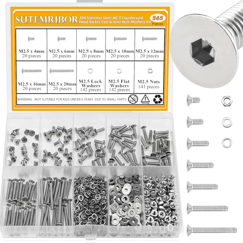 565 Pieces M2.5 Screws Nuts Washers Set, Sutemribor M2.5 x 4/6/8/10/12/16/20mm Countersunk Head Socket Cap Screws Nuts Washers Assortment Kit, 304 Stainless Steel, Fully Threaded - size: M2.5, style: Countersunk Head Socket Cap