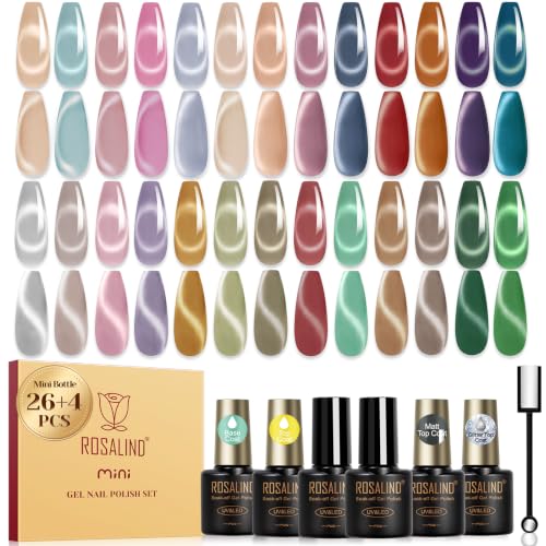 ROSALIND Cat Eye Gel Nail Polish Set with 4pcs Base Top Coat and Magnet | 26 Color Moonlight Cateye gel polish, Base Coat, Glossy/Matte/Glitter Top Coat, Cat Eye Magnet, Soak Off UV, Gift for Women - color: Moonlight Cateye