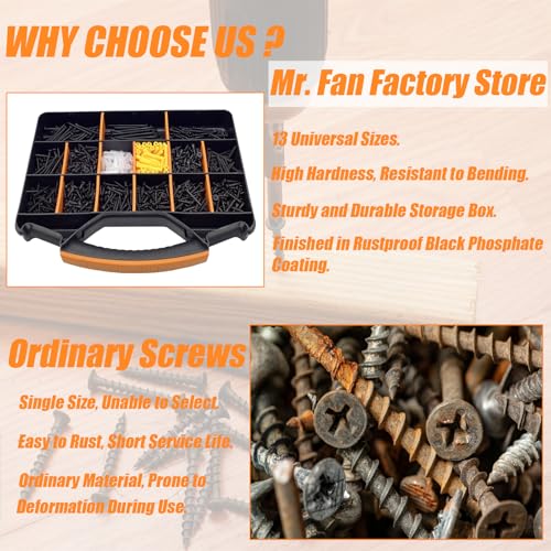 1100PCS Wood Screws Assortment Kit, Drywall Screws, Assorted Wood Screws, Black Wood Screws, Contain 100PCS Anchors and 13 Sizes (2-3/4'', 2'', 1-1/2'', 1-1/4'', 1'', 3/4'', 5/8'') - size: 1000 PCS Screws and 100 PCS Anchors