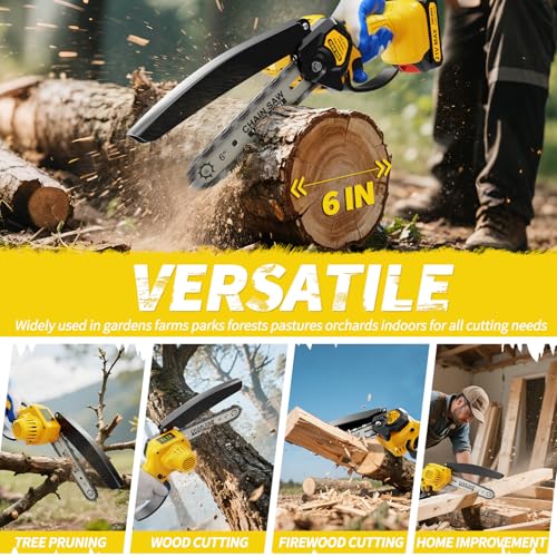 Mini Chainsaw - 6 Inch Battery Chainsaw with Power Display, 2 Batteries Included, Garden Tool for Tree Branch Trimming & Wood Cutting, Ideal Holiday Gifts for Men, Fathers & Gardening Enthusiasts - color: Yellow03