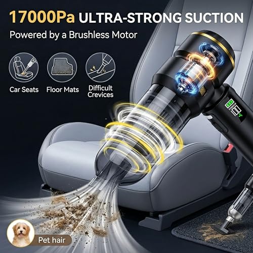 Handheld Car Vacuum Cleaner, 17000Pa High Power Cordless Vacuum Cleaner, 4-in-1 Portable Mini Air Duster, with LED Light and Multi-Nozzles, Vacuum for Car, Home, Office, Pet Hair