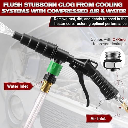 Coolant System Flush Gun, Lever Action Heater Core Flush Kit, Radiator/Cooling System Flusher, Air and Water Combo Flushing Set with Nozzles for 19-40 mm Hoses