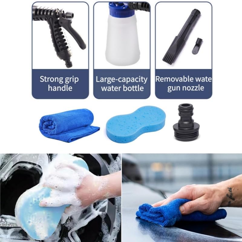 Car Wash Foam Gun Kit – Heavy Duty Spray Foam Gun with Hose Nozzle, Washing Sponge & Absorbent Towel, Adjustable Foam Cannon for Garden Cleaning, Pet Showering