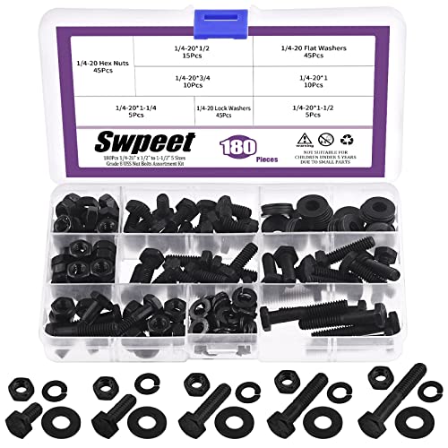 Swpeet 180Pcs 1/4-20" x 1/2" to 1-1/2" 5 Sizes Black Zinc Finish Carbon Steel Grade 8 USS Nut Bolts Assortment Kit, Heavy Duty Bolt Nut and Washer Assortment Coarse Thread Hex Head Cap Screws Bolt - size: 1/4 Inch