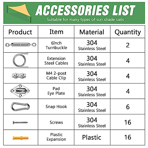UIRWAY Shade Sail Hardware Kit, 52Pcs Stainless Steel Hardware Kit for Rectangle Triangle Canopy, Heavy Duty Anti-Rust Hardware Kit Set for Outdoor Garden Patio(6Inch +304 Stainless Steel Wire Rope) - size: 52 pcs - Wire Rope