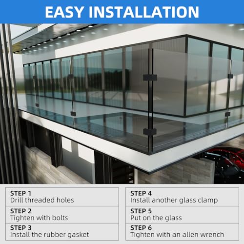 Railing Glass Clamps, 304 SS, Fits 5/16"- 3/8"-1/2" Glass Thickness - color: Black, 180 Degree-10pcs