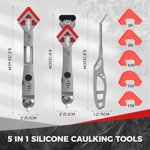 7 in 1 Caulking Tool with 5 Silicone Pads and 10pcs Caulking Tool Kit, Caulk Remover Tool with Replacement Blades and Unclogging Needle, Caulking Removal Tool for Kitchen Bathroom and Window - size: 7 in 1