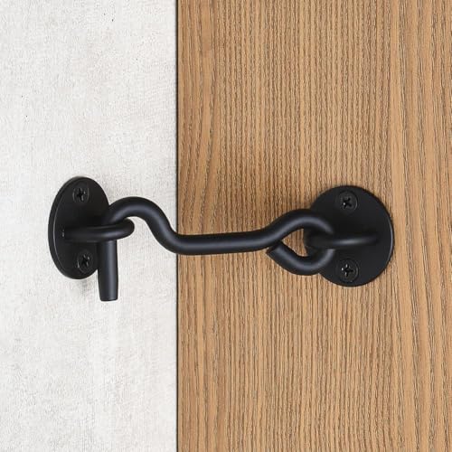 Raswik 4" Privacy Hook and Eye Gate Door Latch, Easy Barn Door Lock, Black | Solid 5/16" Iron Rod, 2-Layer Powder Coating, Quick Locking for Sliding Barn, Pocket, Closet, Screen Doors, Indoor/Outdoor