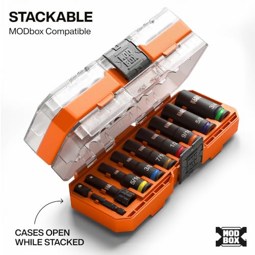Klein Tools 65109IMPCT KNECT Deep-Well 3/8-Inch Drive Impact Socket Set, SAE, 9-Piece Tool Set with Impact Driver Adapter, Multi-Purpose Wrench Adapter, Color-Coded, MODbox Socket Organizer - style: 9-Piece SAE Set