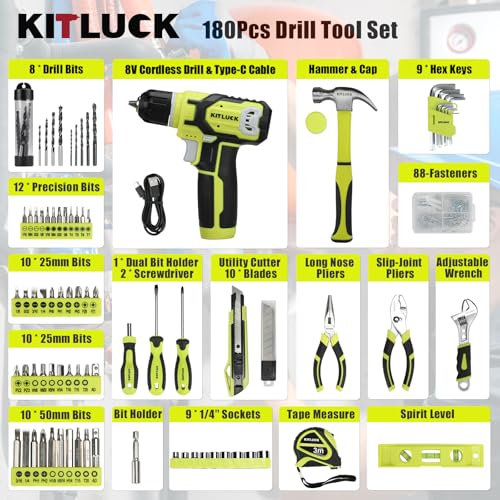 KITLUCK Power Drill Set, 180Pcs Home Hand Tool Kit with 8V Drill, Portable Tool box Kit with Screwdriver, Plier, Wrench, Socket, Harmer, Household Cordless Drill Set for Men Women Home - size: 180Pcs