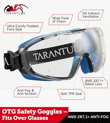 ANSI Z87.1+ Safety Goggles Over Glasses, Anti-Fog&Anti-Scratch UV380 Lenses - color: Clear & Blue