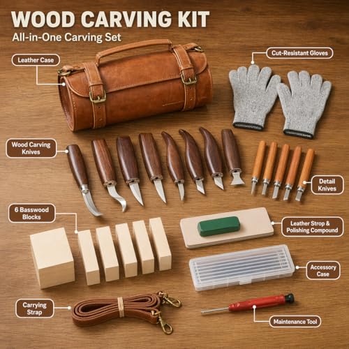 Deluxe Wood Carving Kit, 26Pcs Whittling Tools with 6 Basswood Blocks & Leather Case, High-Carbon Steel Knives, Safety Gloves, Woodworking Set for Beginners Adults DIY Craft Gifts