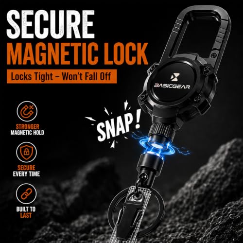 BasicGear Zinger Retractable Carabiner, Magnetic, 29in Steel Cable