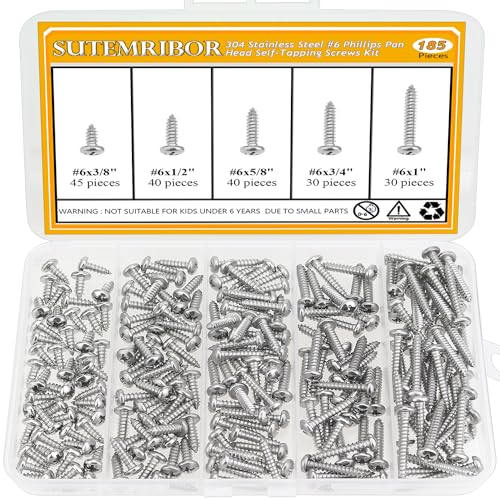 185 Pieces #6 x 3/8" 1/2" 5/8" 3/4" 1" Wood Screws Set, Phillips Pan Head #6 Self-Tapping Screws Assortment Kit, 304 Stainless Steel - size: #6, style: Phillips Pan Head