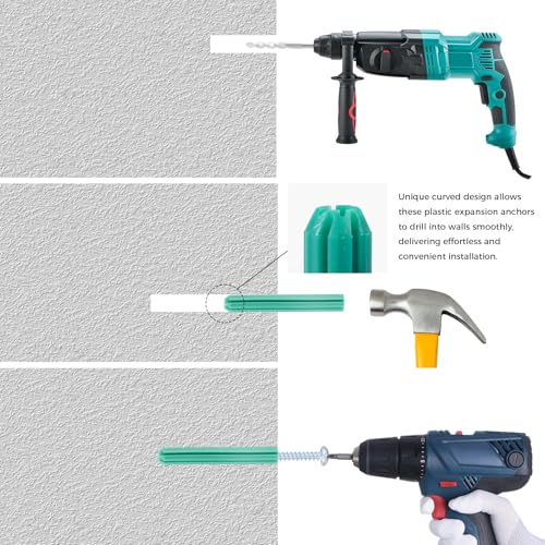 120 Pcs 7mm (1/4") x 38mm Plastic Expansion Anchors, Heavy Duty Green PE Wall Plugs for Concrete, Brick, Drywall & Hollow Walls - size: 7.38