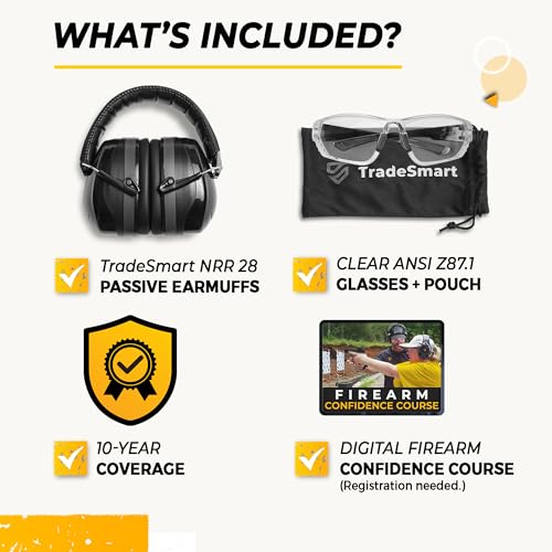 TradeSmart Shooting Ear Protection for Gun Range, NRR 28 Earmuffs & Eyewear - color: Clear Glasses - Grey