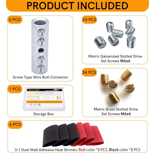2 Gauge Wire Butt Connectors 6 PCS Tinned Brass Mechanical Butt Splice Connectors Kit 2 AWG Mechanical Repair Splice Kit Splice Screw Sleeves 6 PCS Mechanical Splices with 6 PCS 3:1 Heat Shrink Tubes - color: Tinned Brass