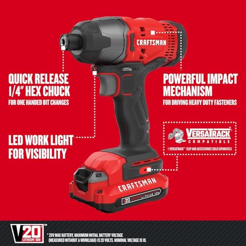 CRAFTSMAN 20V MAX Impact Driver Kit, 1/4 Inch, 2,800 RPM, LED Work light, Battery and Charger Included (CMCF800C1) - style: 20V MAX Impact Driver Kit