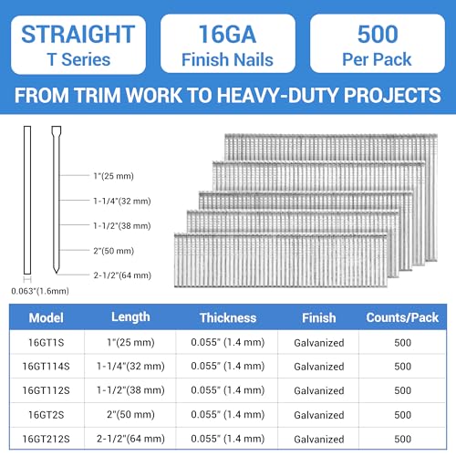 meite 16 Gauge Finish Nails 2-1/2 Inch Galvanized Straight T-Nails 500PCS - size: 2-1/2 Inch