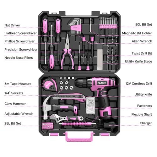 PULITUO Drill Set, 149-Piece Home Tool Set with 12V Pink Cordless Drill, Tool Box, Hand Tool Kits for Women & Men and DIY Enthusiasts, for Home Improvement - style: 12V Set（Pink）