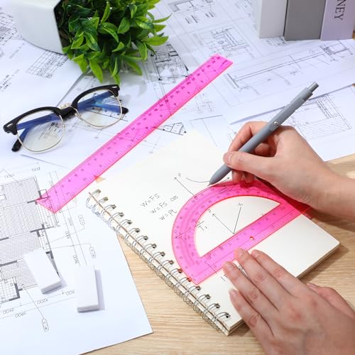 Zonon 2 Pcs 12 Inch Clear Ruler and 6 Inch Plastic Protractor Set, Pink - color: Pink
