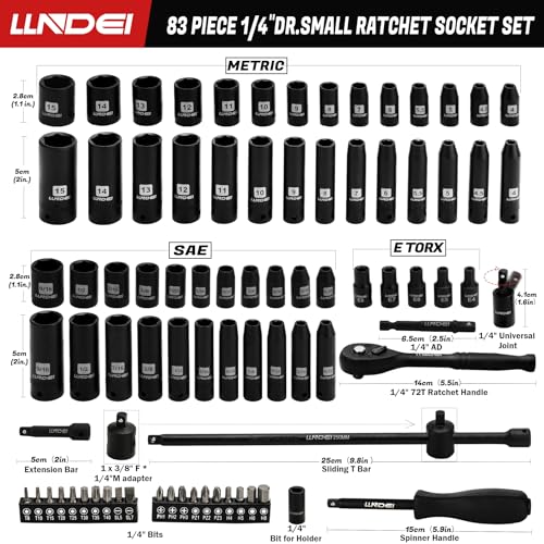 1/4" Impact Socket Set, 83 Pcs Wrench Set SAE(5/32-9/16 in) Metric (4-15mm) - size: 83-Piece 1/4" Drive Impact Socket Set
