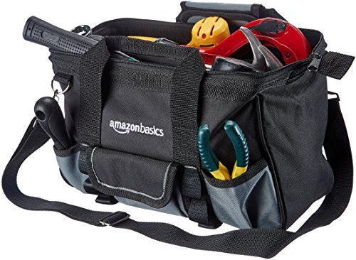 Amazon Basics Durable Wear-Resistant Tool Storage Bag with Adjustable Shoulder Strap, Portable Tool Organizer, 16 Pockets, 12 in, Black & Gray - size: Small Standard Bag