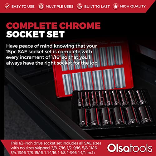 Olsa Tools 1/2-Inch Drive SAE Deep Socket Set - 18pc - color: Sae Deep, size: 15pc, 1/2-Inch Drive
