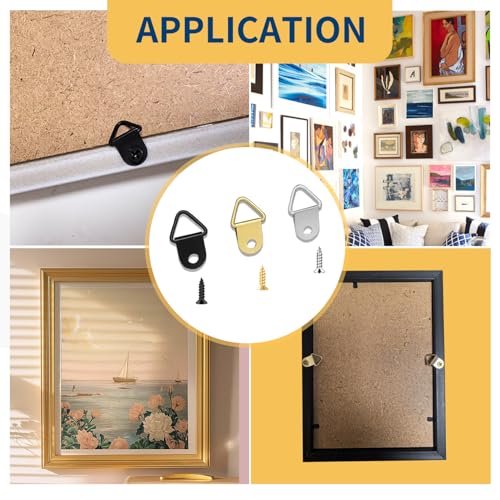 150 Pack Triangle D Ring Hangers for Picture Frame Canvas Mirror Hanging, 3-Color Gold Silver Black 50 Each, Heavy Duty Metal Picture Hanging Hardware Kit with Screws