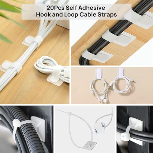193 PCS Cable Management Kit - 4 Cable Sleeve, 57 Self Adhesive Cable Clips, 12 Hanging Strips, 12 Cable Organizer Straps and 100 Fastening Cable Ties for TV Computer Under Desk (White) - color: White