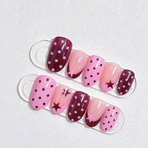 Short Almond Press On Nails Pink Brown with Y2K Star Polka Dot - color: Style13