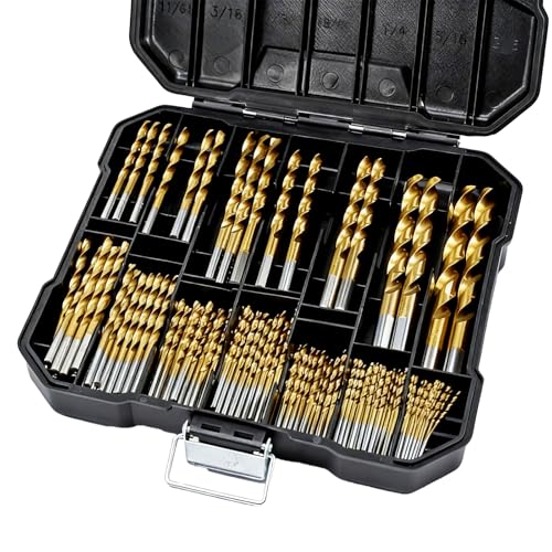 COMOWARE 100 Pcs Titanium Drill Bit Set - High Speed Steel for Steel, Wood, Plastic, Metal, Copper, Aluminum Alloy with Storage Case, 3/64"-3/8" - style: 100 Pcs