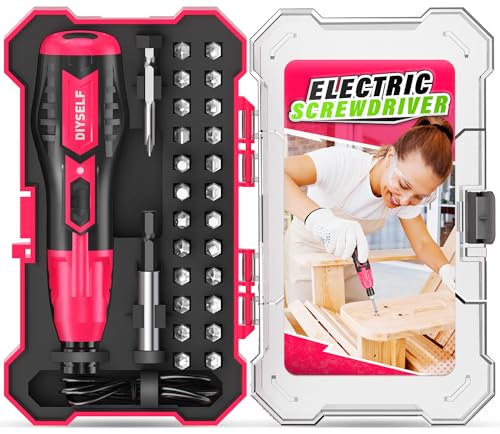 DIYSELF Electric Screwdriver, Cordless Power Screwdriver Set, 28-Piece,Pink - color: Pink