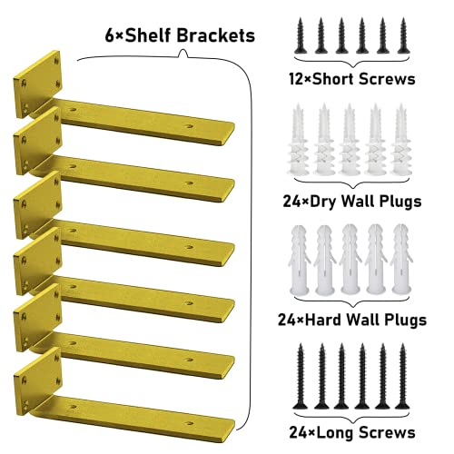 Premium Heavy Duty Shelf Brackets – 0.2In Thick Gold L Shape Shelf Bracket, Hidden Steel Brackets for Shelves - 8 Inch Heavy Duty Floating Shelf Hardware (6Pcs) - color: Gold, size: 8 Inch