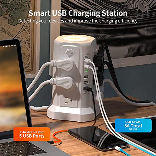 2PC Surge Protector Power Strip Tower with 5 USB Ports and Night Light - color: White-2PC
