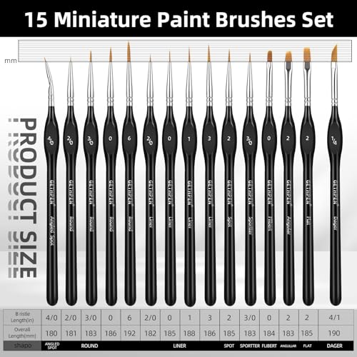 GETHPEN Miniature Paint Brushes, Micro Detail Paint Brush Set, 15pcs | Miniature Micro Paint Brush Set with Triangular Handles, for Acrylic, Watercolor, Oil, Models, Figurine & Paint by Number - size: 15 Sizes